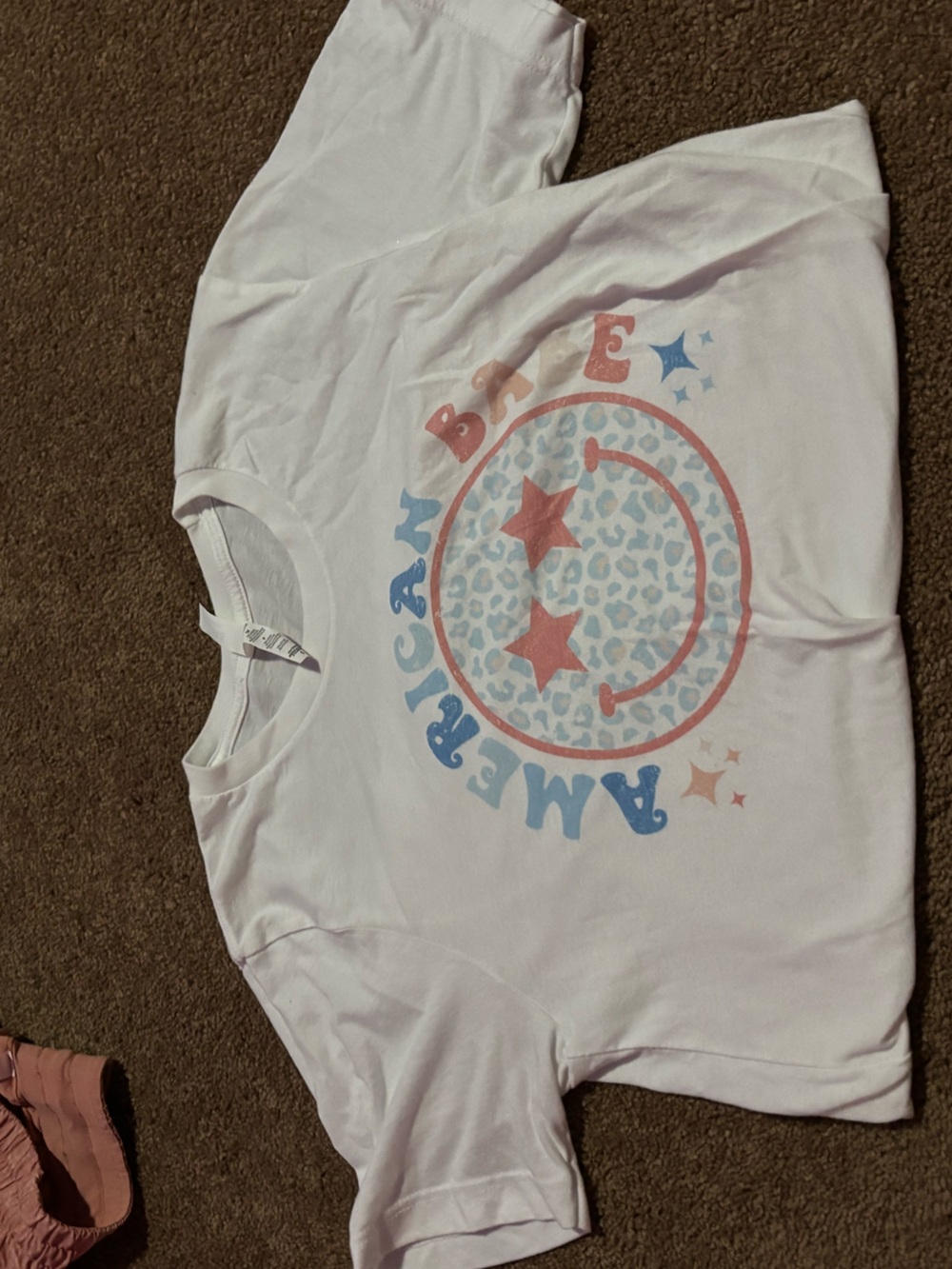 American Age White Tee with Pastel Blue & Pink Smiley Graphic